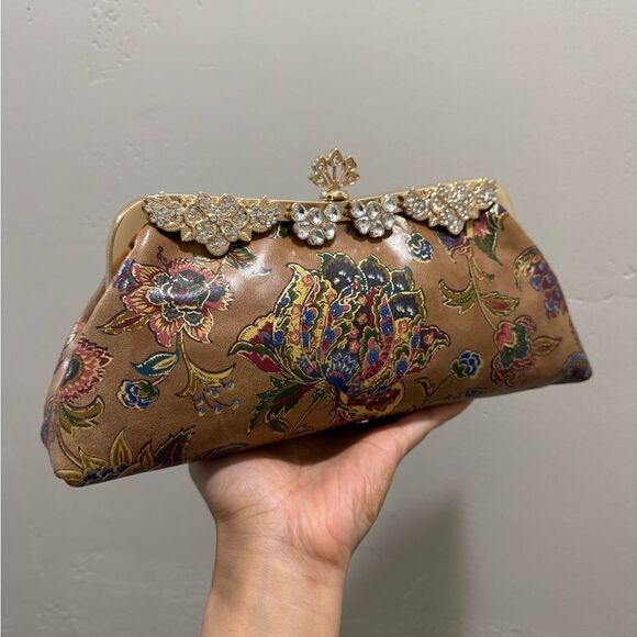 Genuine Leather Retro Floral Print Handmade Push Lock Clutch Bag/Evening Bag - Picture 8 of 15